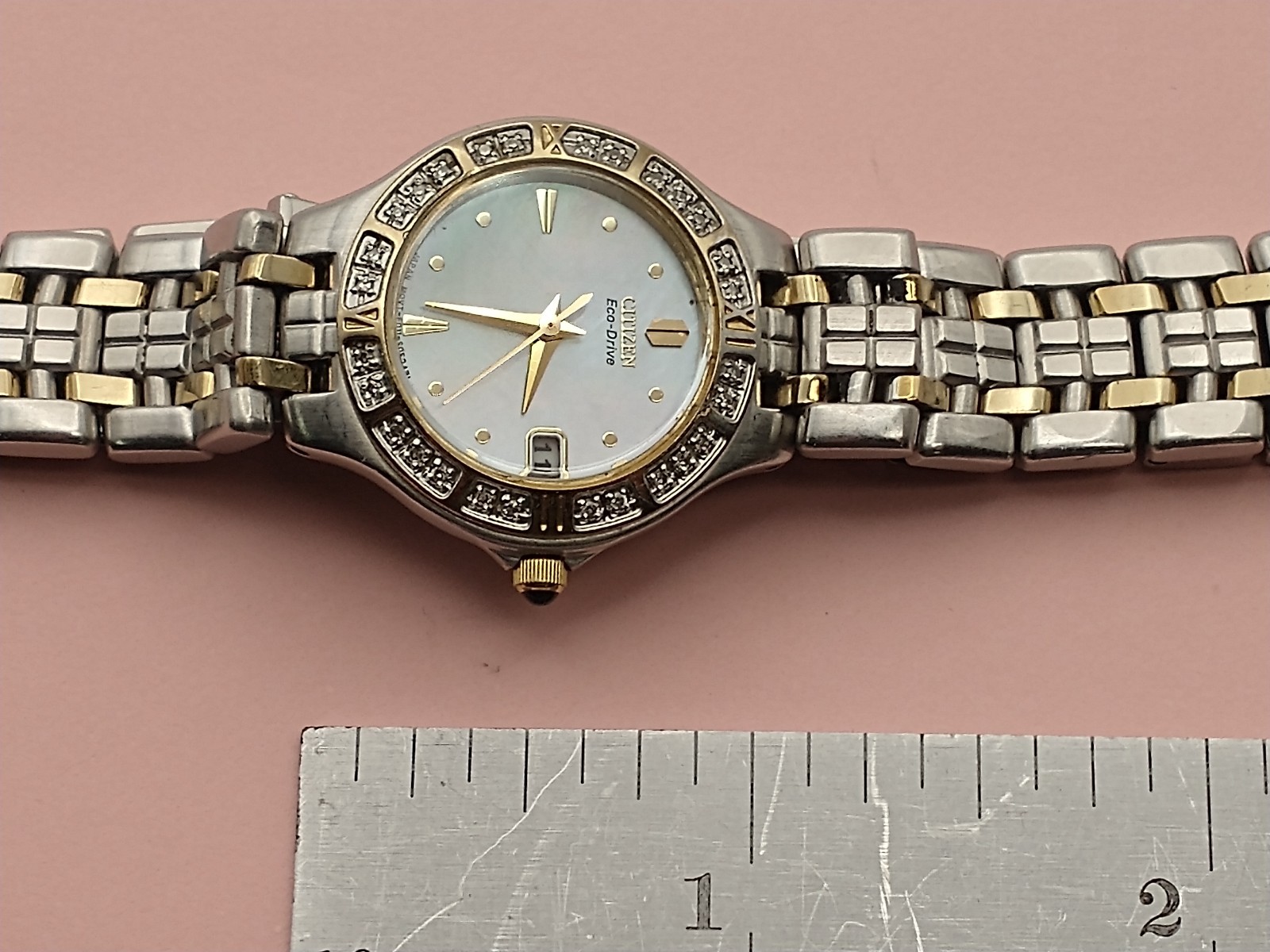 CITIZEN ECODRIVE Watch, Diamond Bezel, Motherof Pearl Dial, 2-tone, 7 1/4″, E011