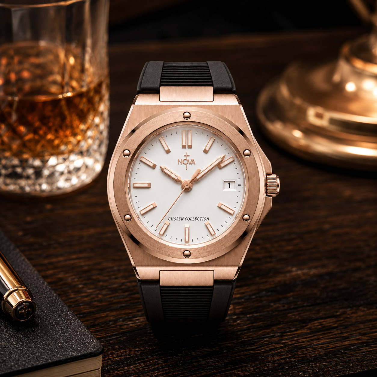 Nova Christian Chosen Custom Watch White Dial Rose Gold Tone Date