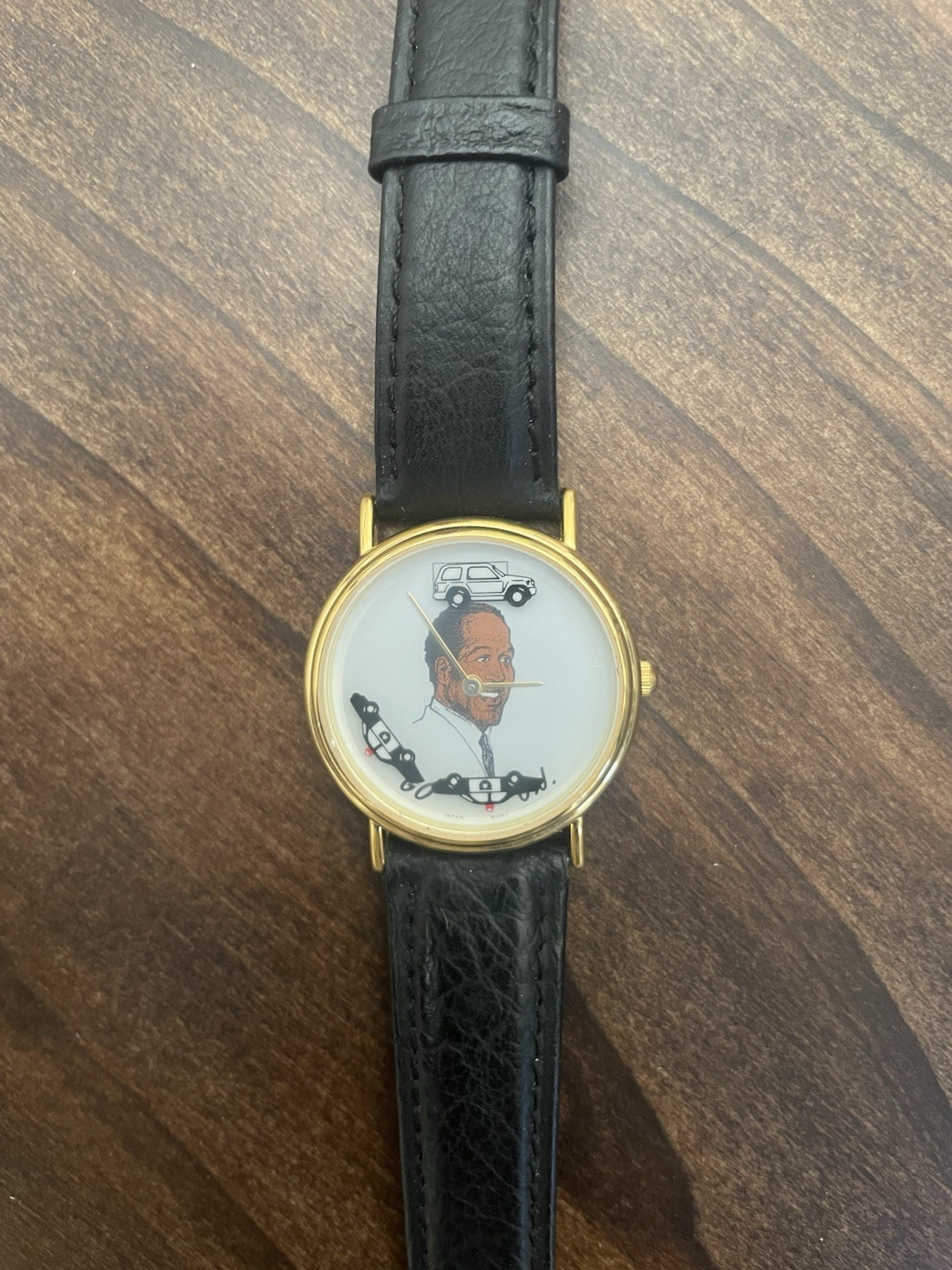 OJ Simpson Cartoon Celebrity Analog Wristwatch Gold Case Black Leather Strap –