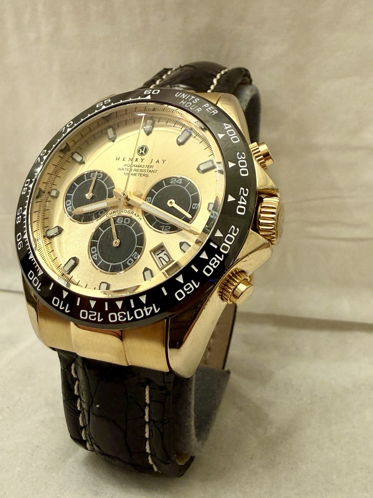Henry Jay Aqua Master Quartz Chronograph Date Gold/Black Genuine Crocodile Strap