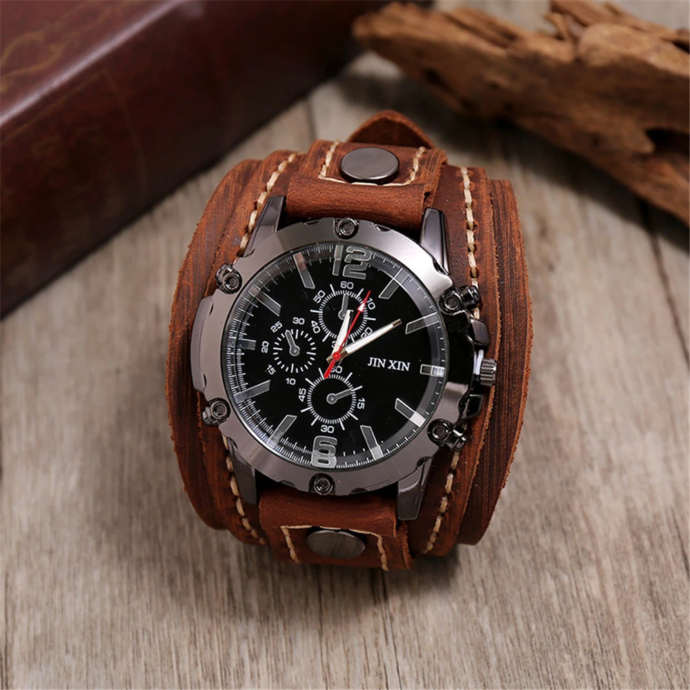Black Brown Blue Men Pointer Watch Genuine Leather Strap Bracelet Vintage