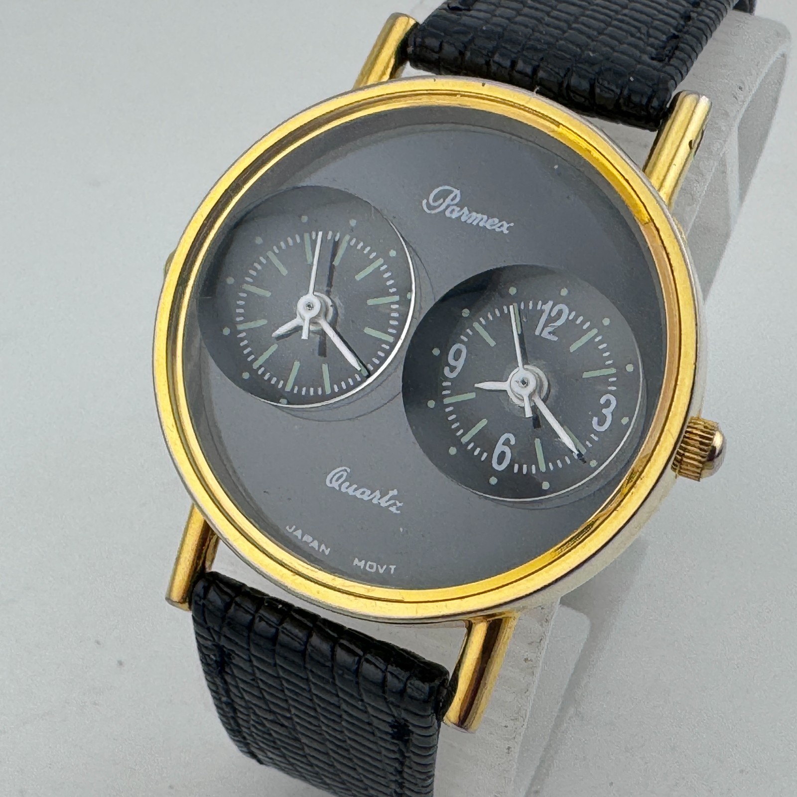 Vintage Parmex Quartz Watch Unisex Gold Tone Dual Movements Leather New Battery