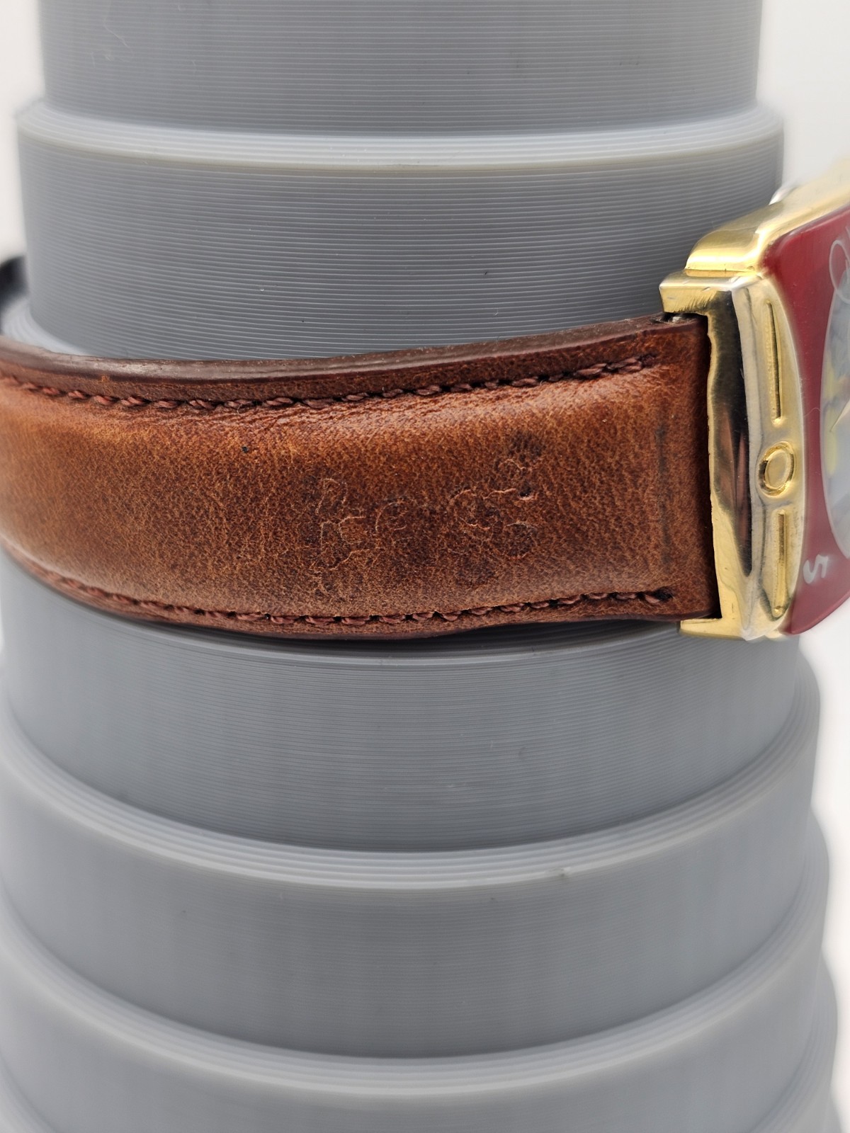 Disney Mickey Mouse Quartz Rectangle Red/Gold Tone Case Brown Leather Strap 25mm