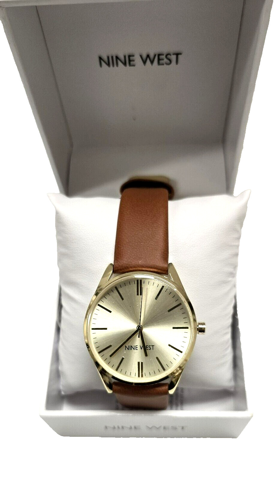 NEW NINE WEST GOLD,CONGAC LUGGAGE TAN BROWN LEATHERETTE BAND WATCH NW/1994G