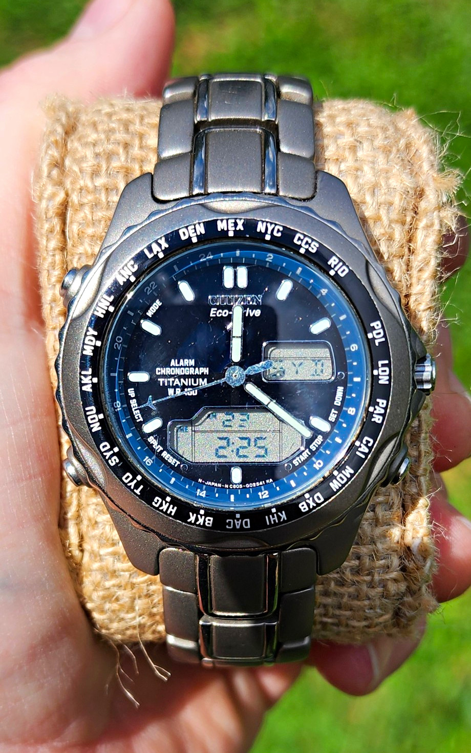 Citizen Eco-Drive Titanium Ana-Digi Chronograph Alarm World Time Blue Dial