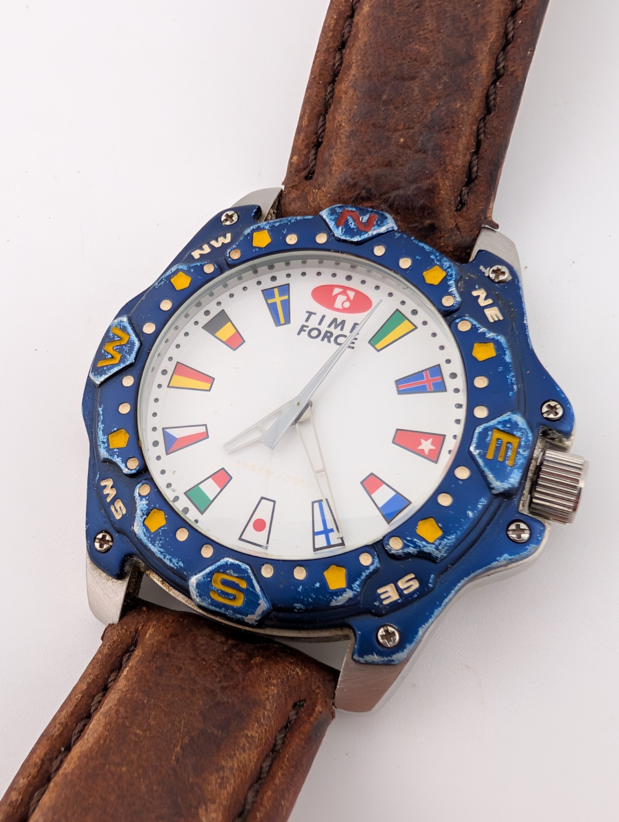 Time Force Watch Men 43mm Case Flags Brown Leather Band- New Battery