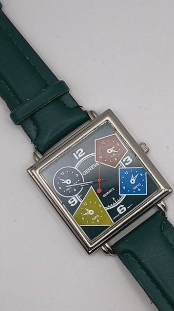 Geneva Multi-Time Zone Watch Square Face Dark Green Strap Novelty Retro Style