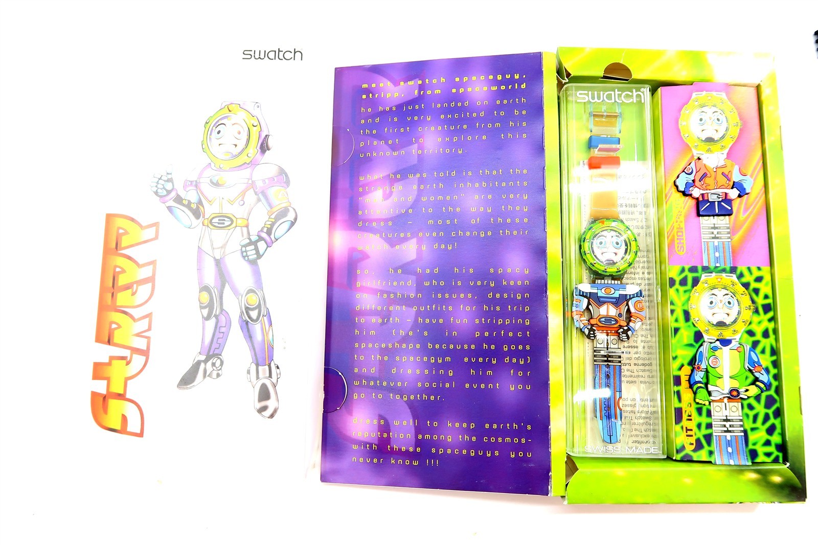 Swatch Watch STRIPP SDN120 Spaceman New 1996 Box Set ~ WORKS HAS DAMAGED BAND