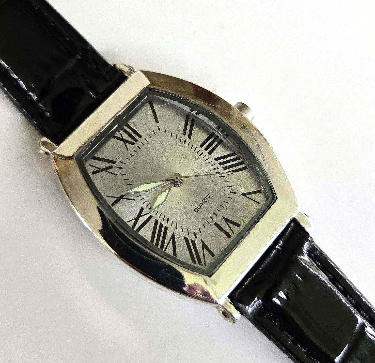 2000s SKC Silver Tone Tonneau Case Quartz Wrist Watch Black Leather New Battery