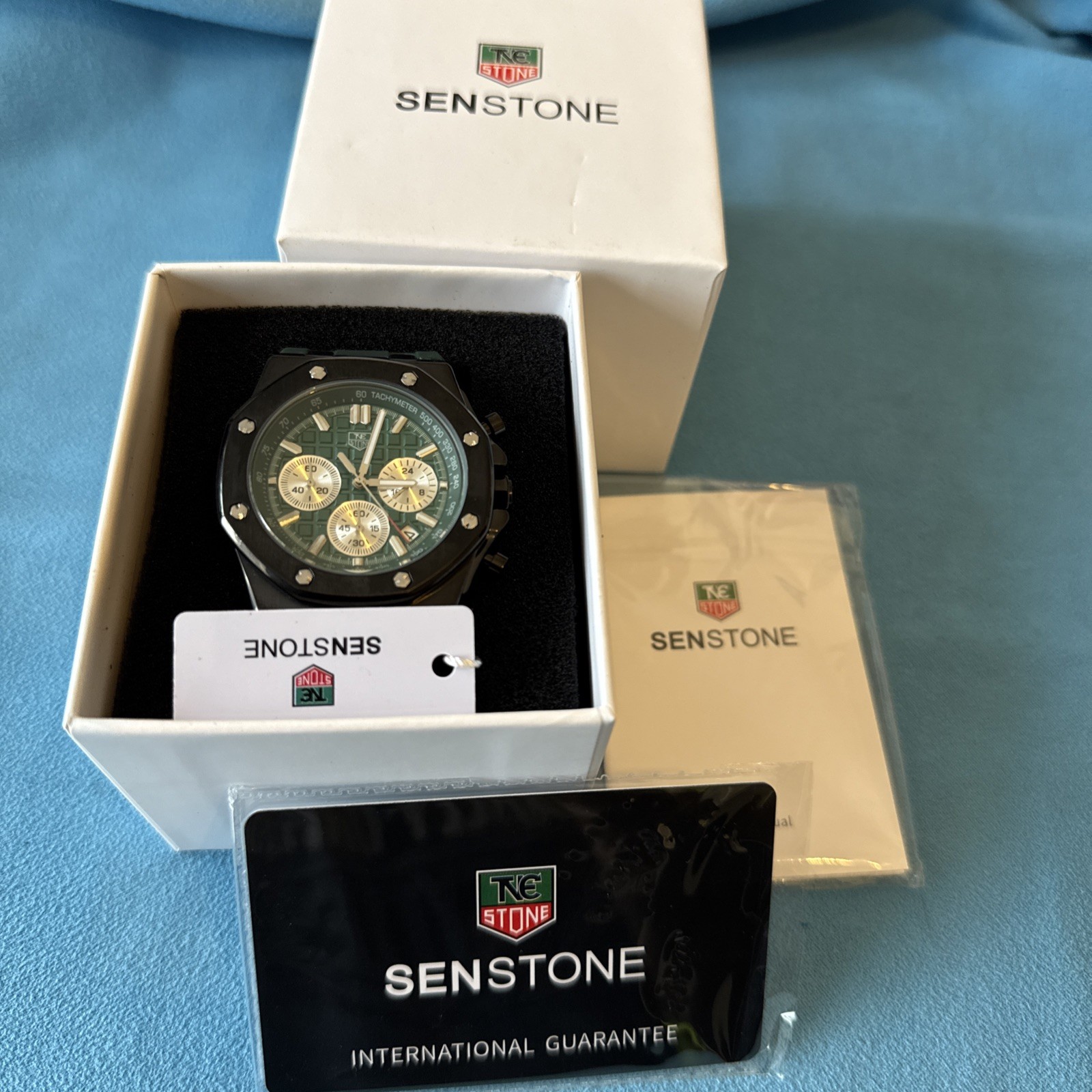 Senstone Mens Chronograph Date Watch Dark Green and Black Waffle Dial 🔥