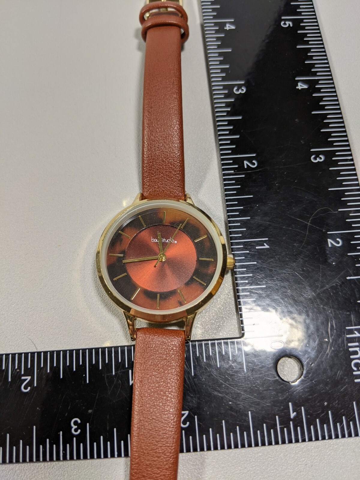 Bay Studio Brown Red Dial Gold Tone Case Brown Faux Leather Band Watch 8 Inch