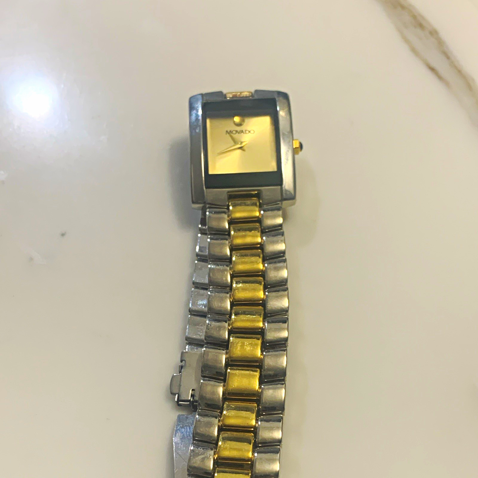 Movado Quartz Two-Tone Stainless Bracelet Rectangle Gold Dial Water-Resist