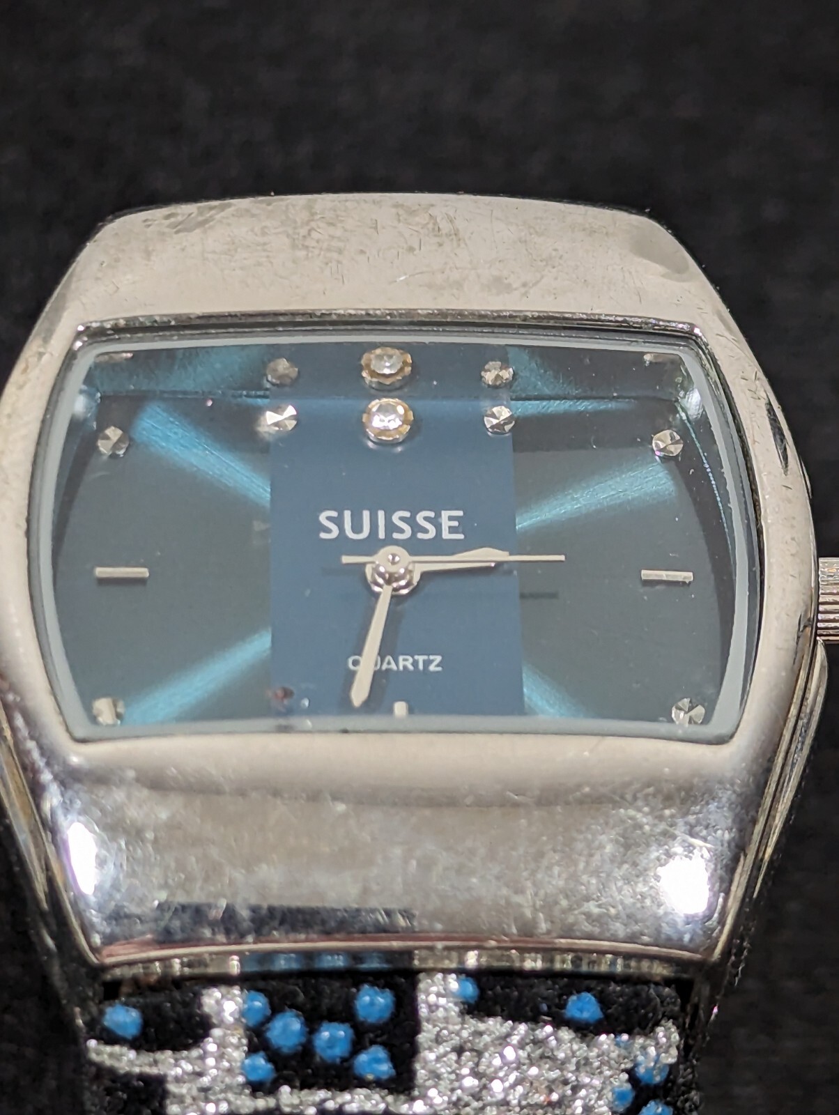 Suisse Green Dial Silver Tone Case Blue Check Hinge Band Watch
