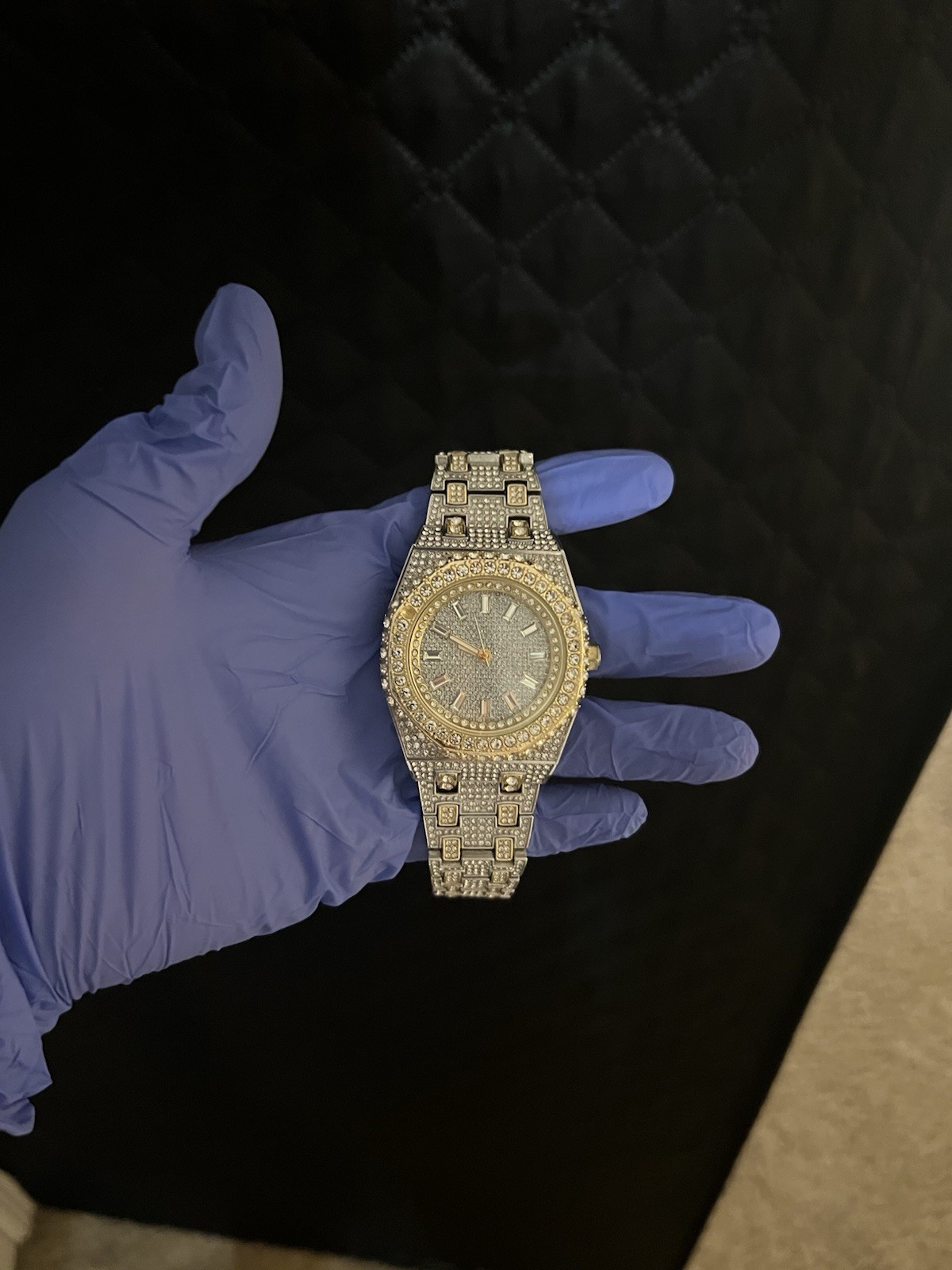 Iced-Out Silver Tone Analog Quartz Watch, Metal Bracelet, 40-43.9mm