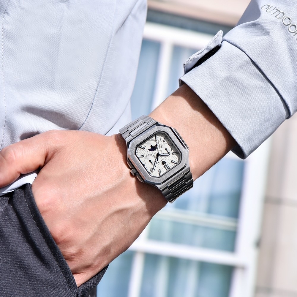 Men’s Quartz Watch Moonphase Hardlex Crystal Luminous Waterproof Stainless Steel