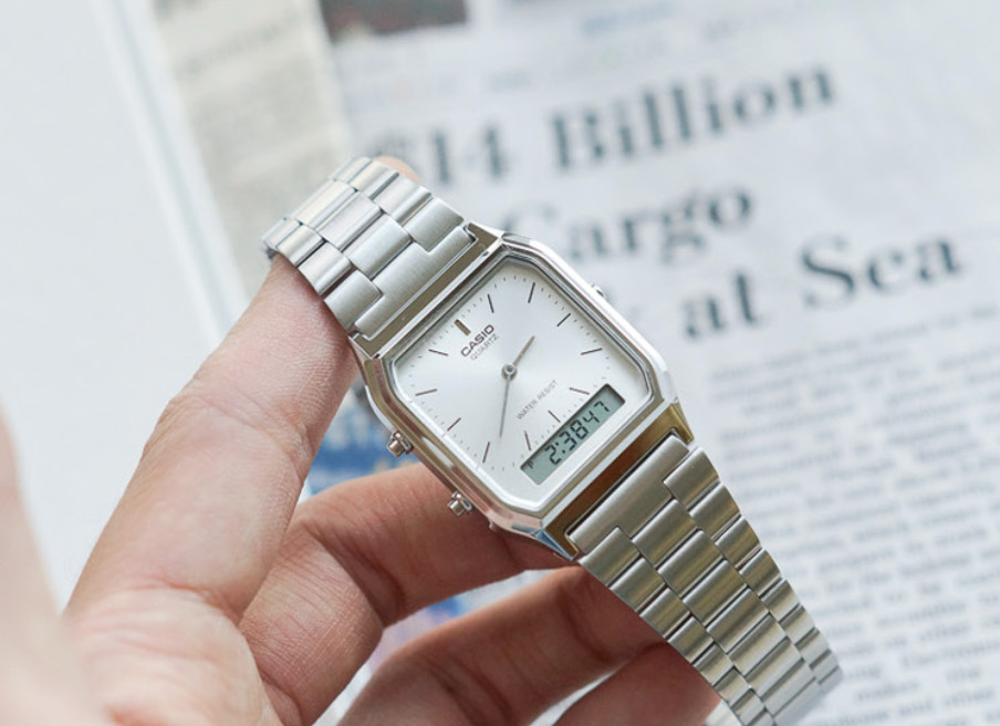Casio AQ-230A-7D Silver White Dual Time Analog Digital Alarm Stopwatch Watch New