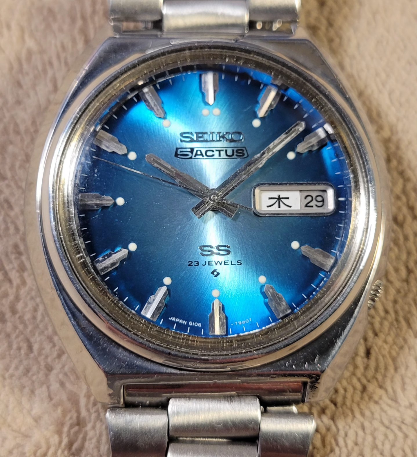 Vtg 70s Seiko 5 Actus 38mm Automatic Men’s Watch Blue Dial SS Daydate 6106-7700