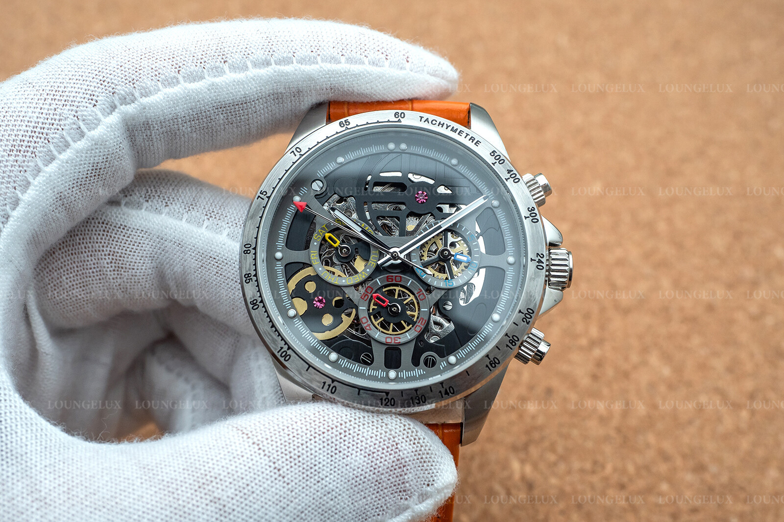 Mens Automatic Mechanical Watch Date Day Watch Silver Black Orange Leather