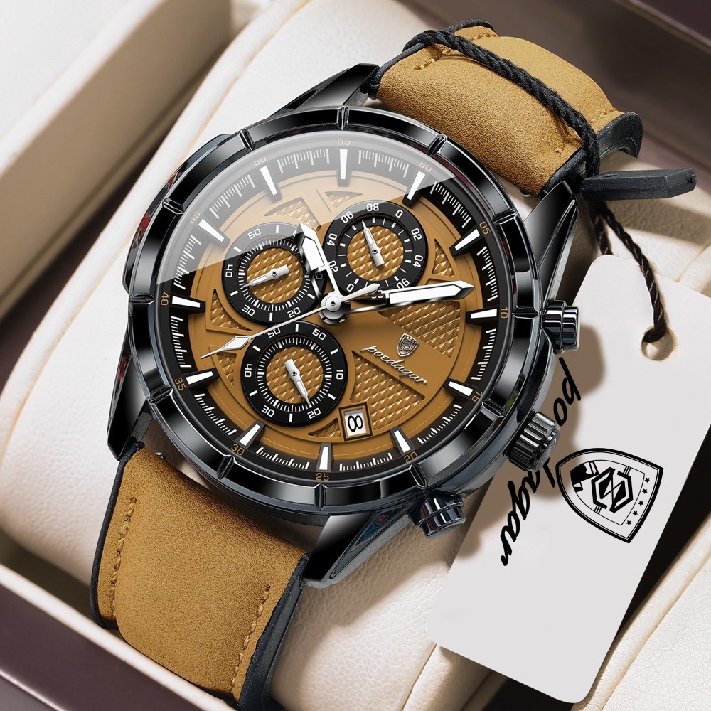 POEDAGAR Fashion Quartz Waterproof Luminous Leather Date Sports Men’s Watch