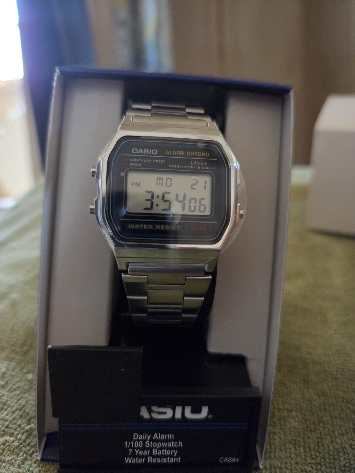 Casio A158W Digital Quartz Alarm Stopwatch Water Resist Silver SS Bracelet Box