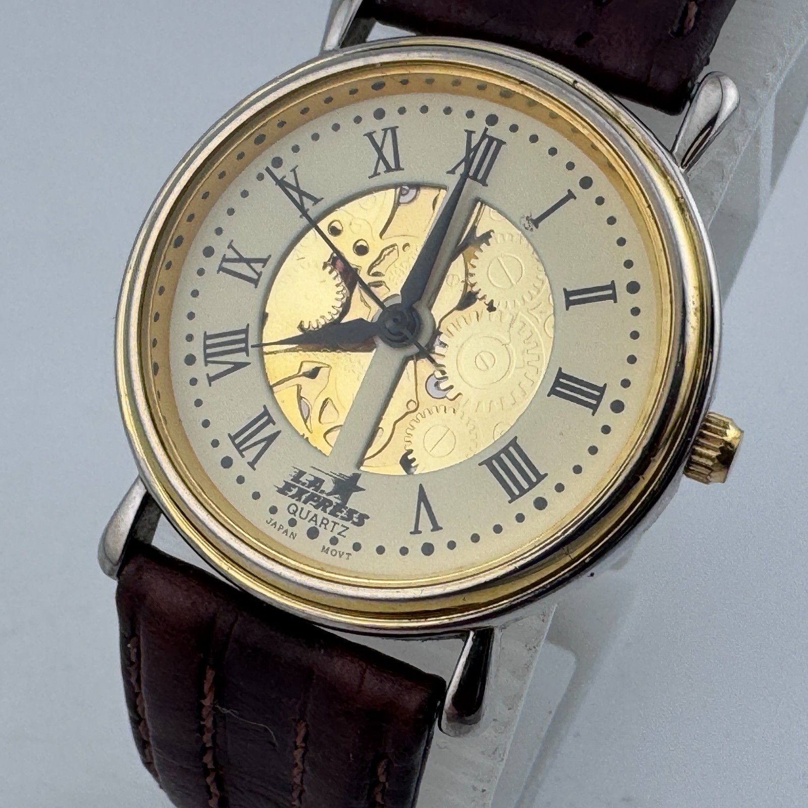 VTG LA Express Quartz Watch Unisex Dual Tone Skeleton Leather Analog New Battery