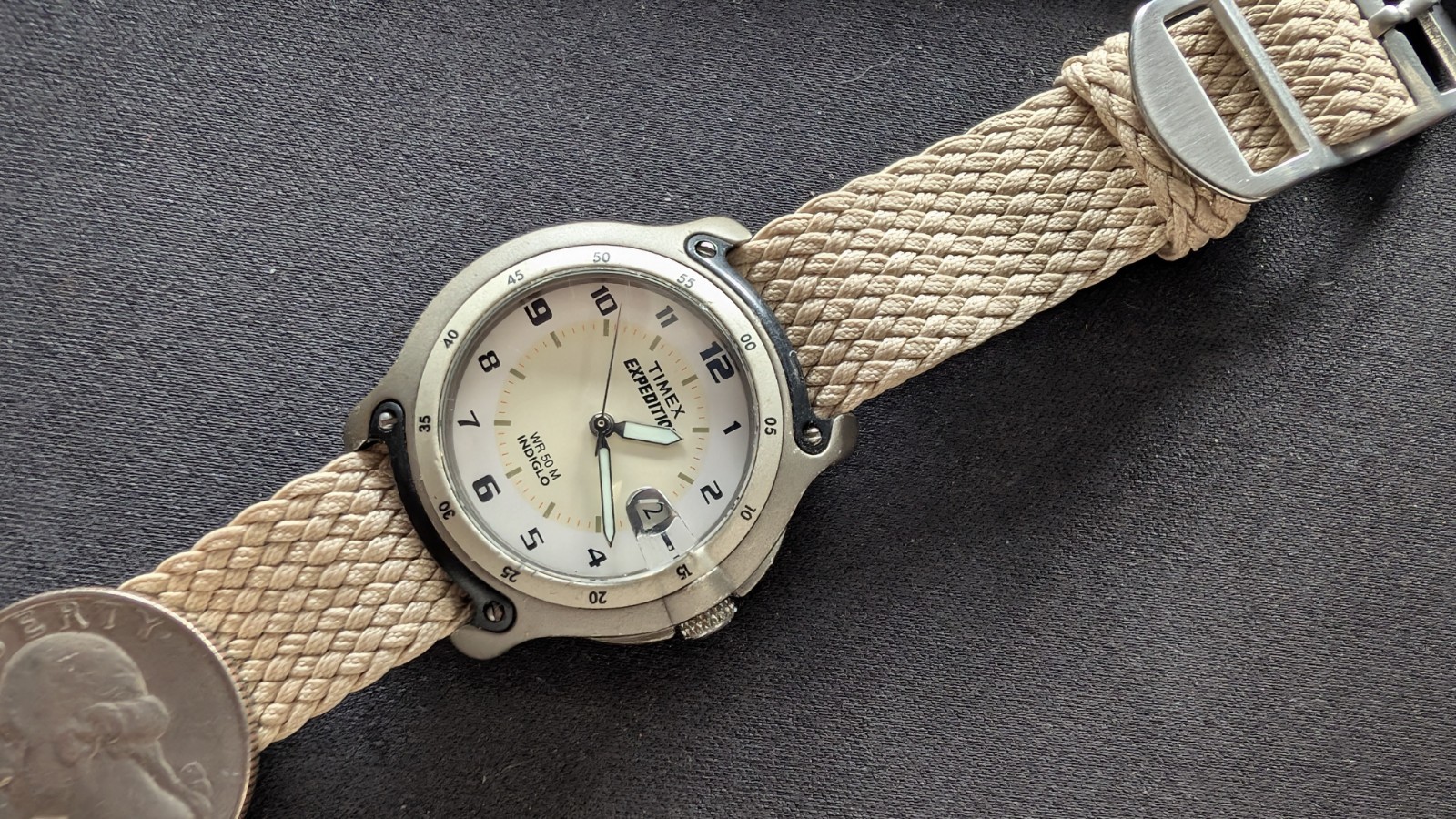 Timex Expedition WR50M Indiglo Date Cream Dial One-Piece Strap Watch