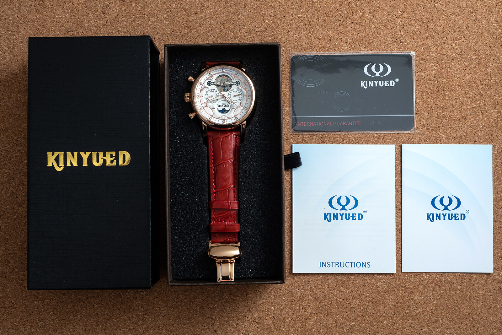 Mens Automatic Mechanical Watch Date Day Rose Gold White Red Leather Strap