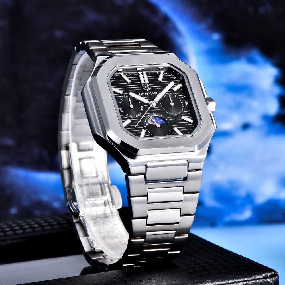 Men’s Quartz Watch Moonphase Hardlex Crystal Luminous Waterproof Stainless Steel