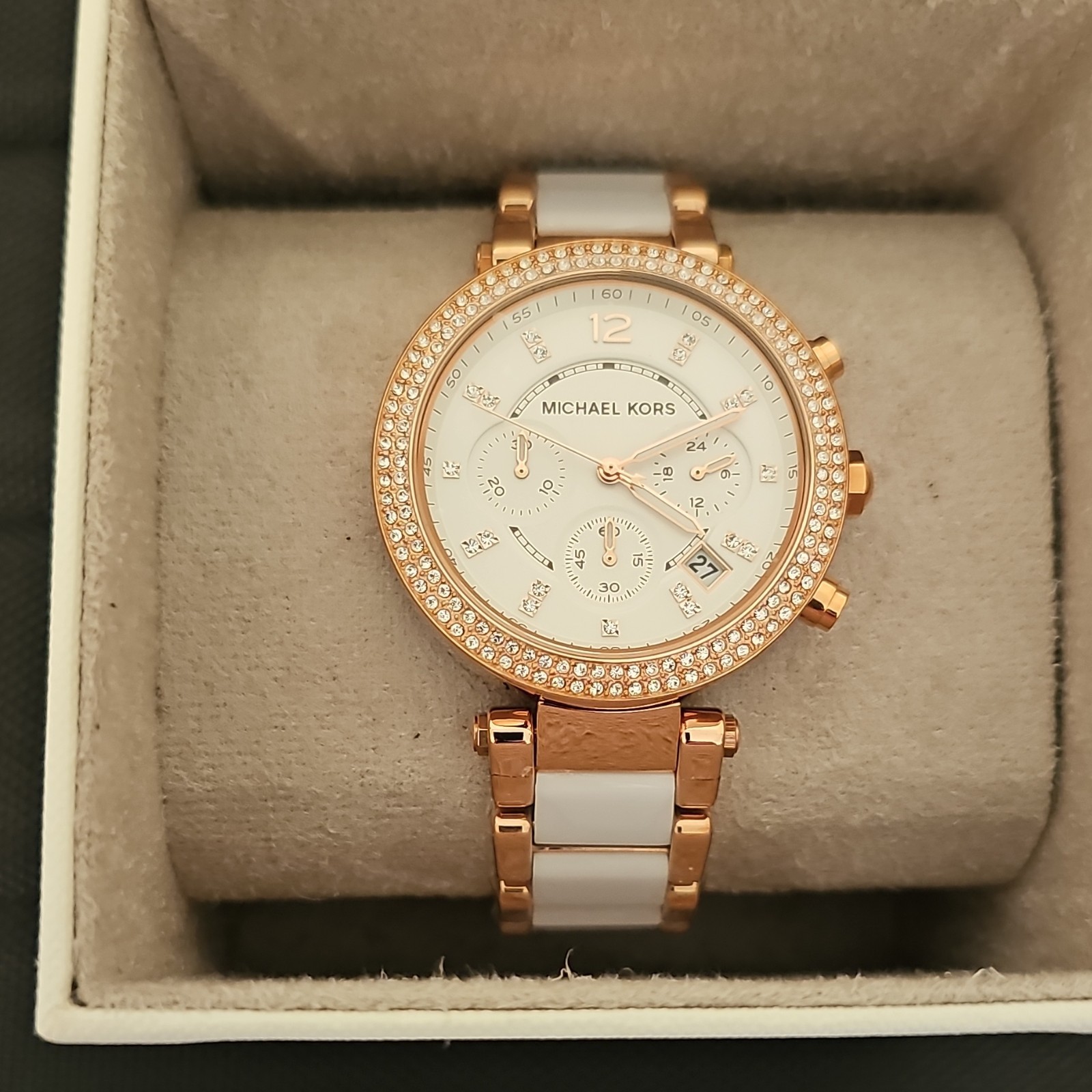 Michael Kors Parker Women’s Rose Gold & White Quartz Chronograph Date Watch