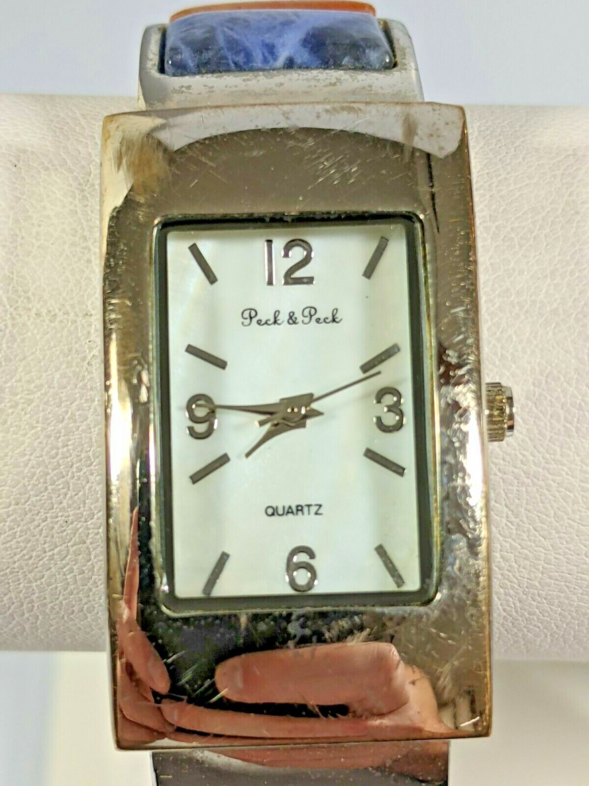 Vintage Peck & Peck Silver Tone Natural Gemstone Inlay Blue Brown Green Watch