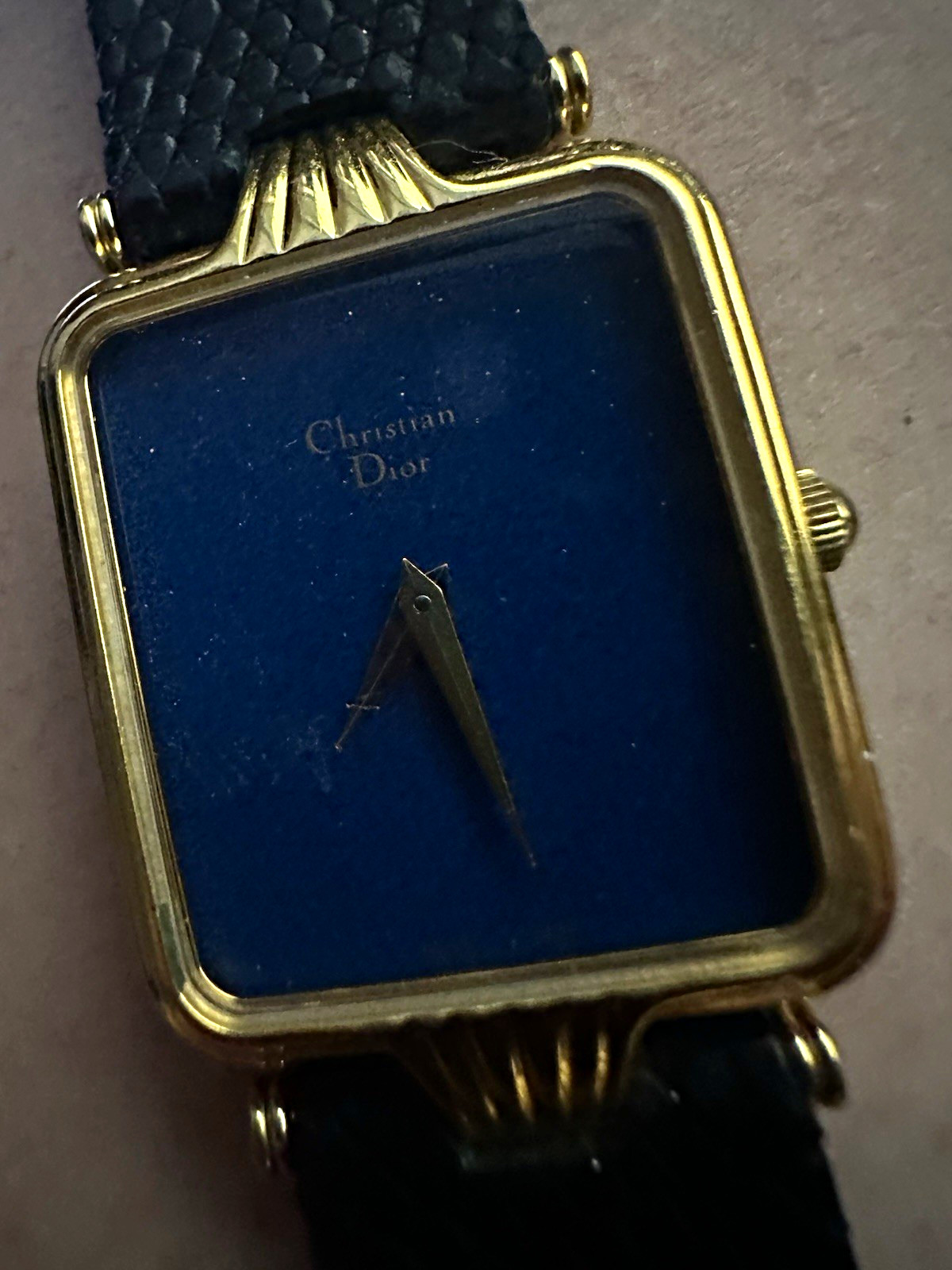 Vintage Christian Dior 3012 Swiss Made Quartz Blue Dial Gold Watch Black Leather