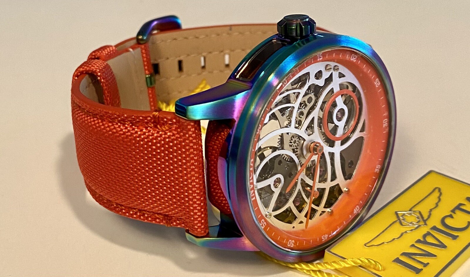 45mm Iridescent Skeleton Orange Strap Mechanical Manual SPEEDWAY Invicta Watch