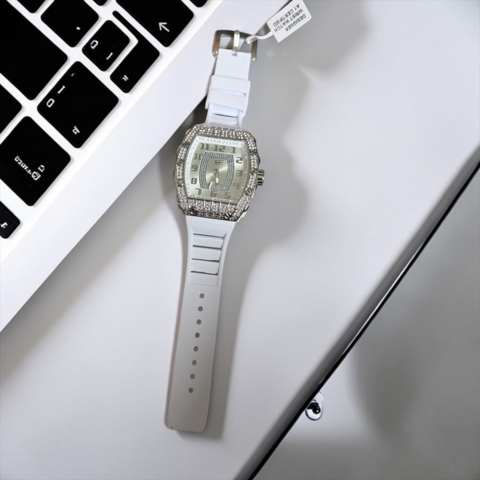 Techno Pavé Iced Out Tonneau Watch White Silicone CZ Bezel NWT Unisex