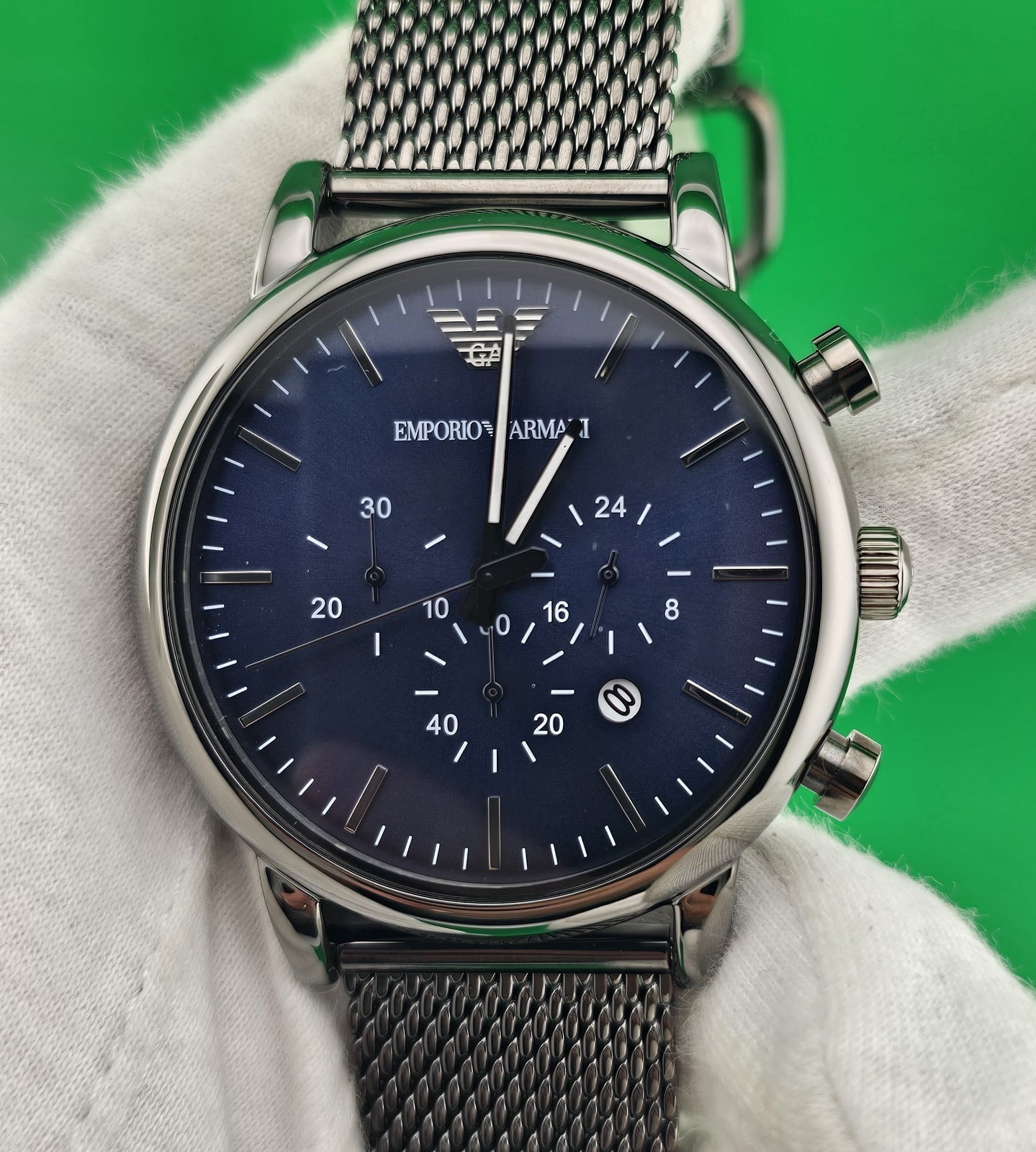 EMPORIO ARMANI MENS WATCH AR1979 BLUE DIAL & GREY MESH STRAP GENUINE UK