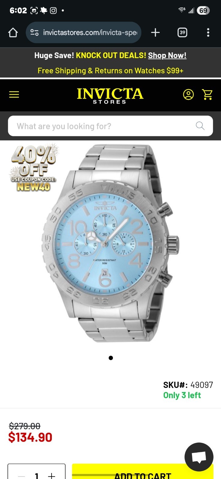 Invicta Men’s Watch #49097 Stainless Steel 50mm Baby Blue