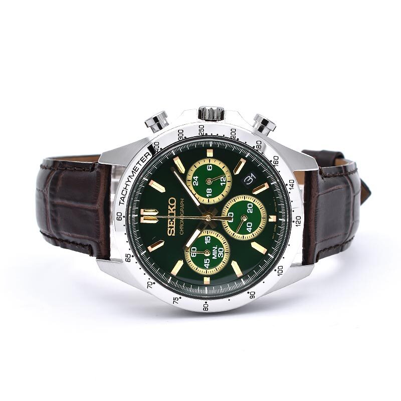 SEIKO SELECTION SBTR017 Chronograph Quartz Watch Green Dial Leather Band 39.8mm
