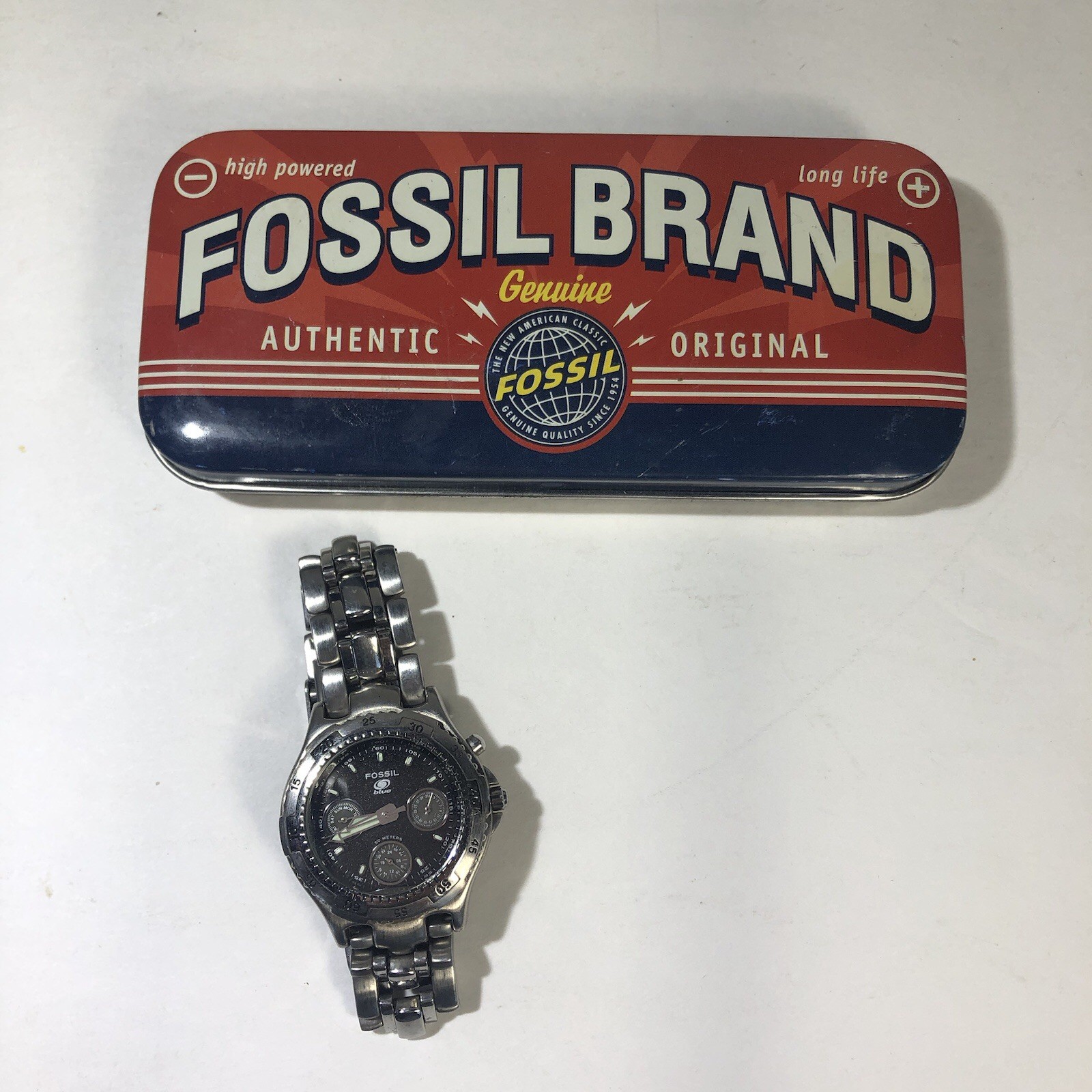 1999 Fossil Black Dial Watch In Original Retro Tin 7.5” Wrist Needs Battery