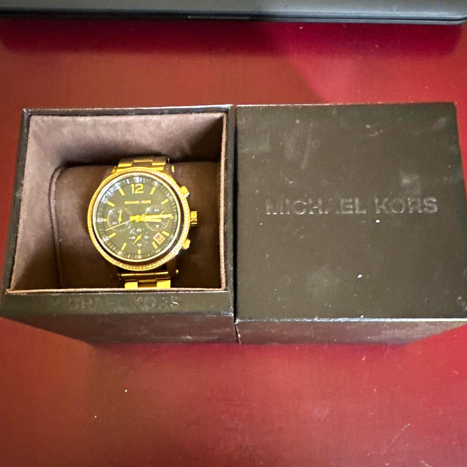 Michael Kors Gold-Tone Quartz Chronograph Date Black Dial Watch w/ Box