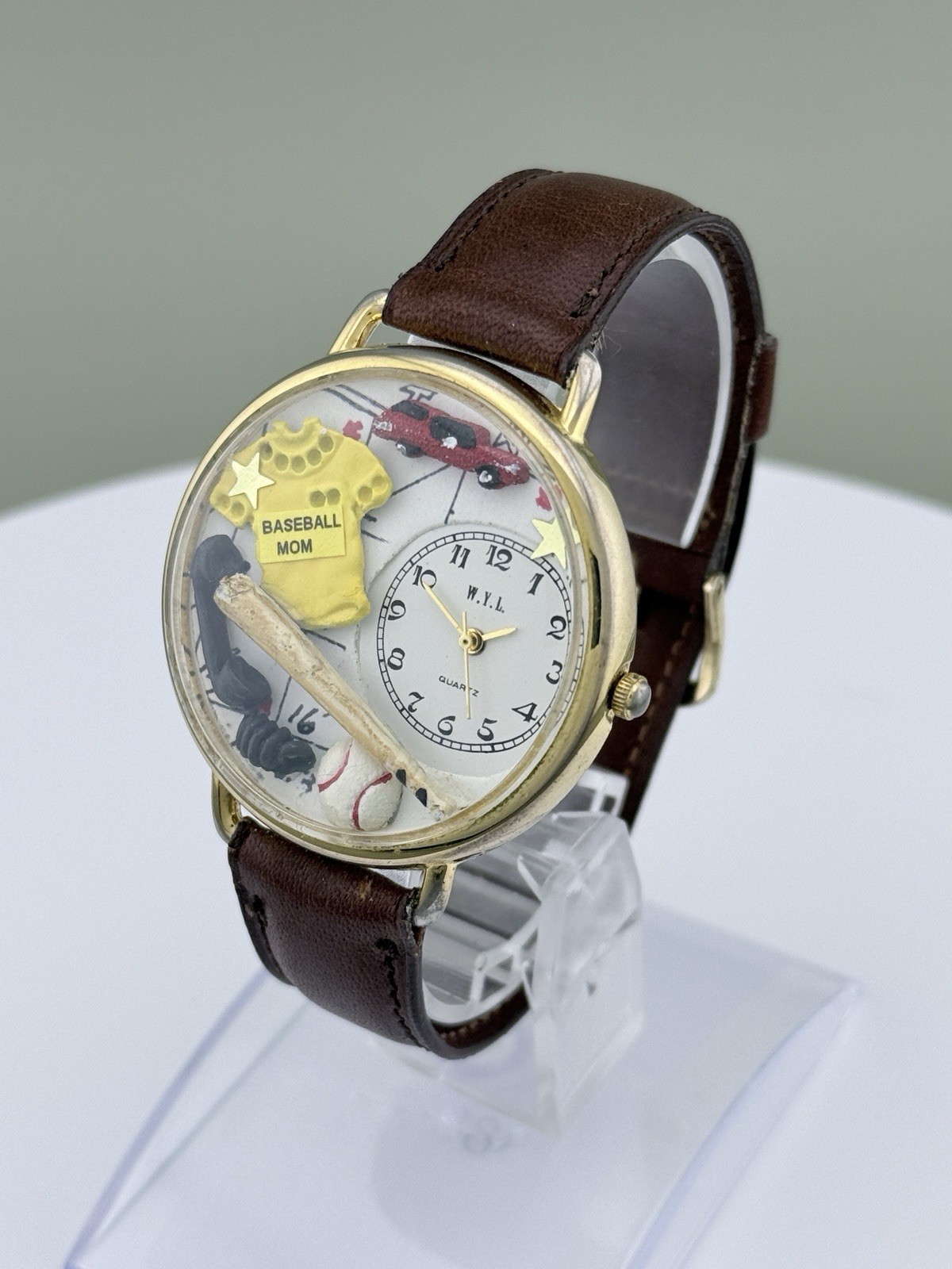 WYL Baseball Mom 3D Dial Quartz Watch New Battery Calfskin Leather Strap 41mm