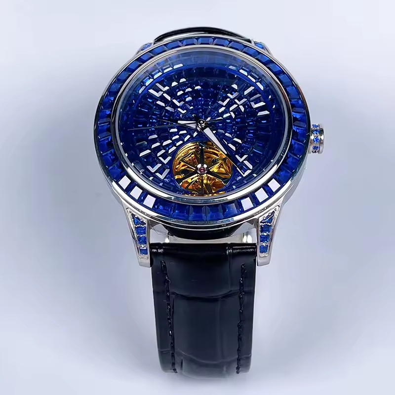 🔥USA🔥PINDU Men’s Automatic Watch Mineral Glass Blue Black Leather P5037