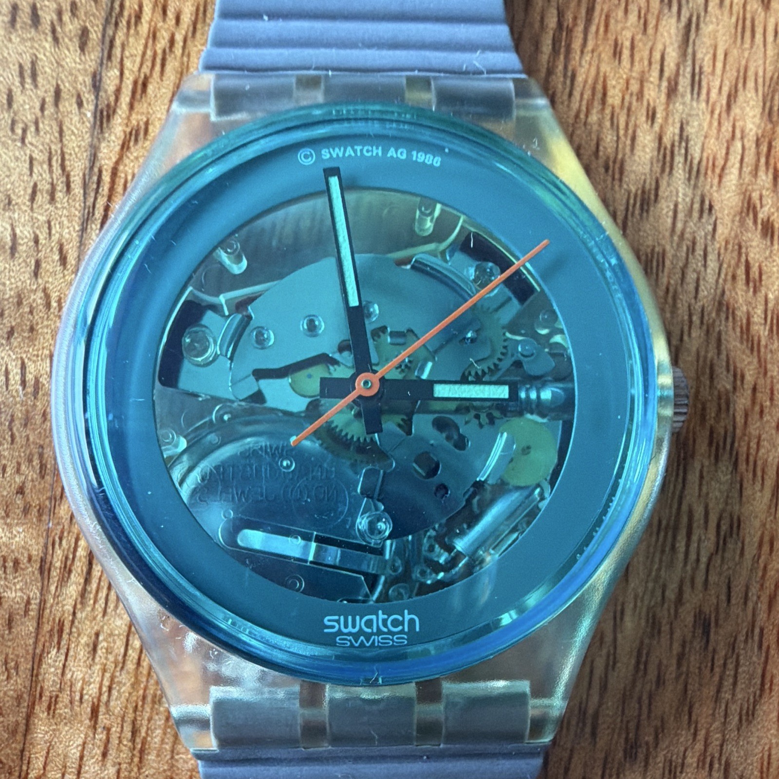Vintage Swatch Gents Turquoise Bay GK103 1987 35mm Rare Blue Clear Case. MINT.