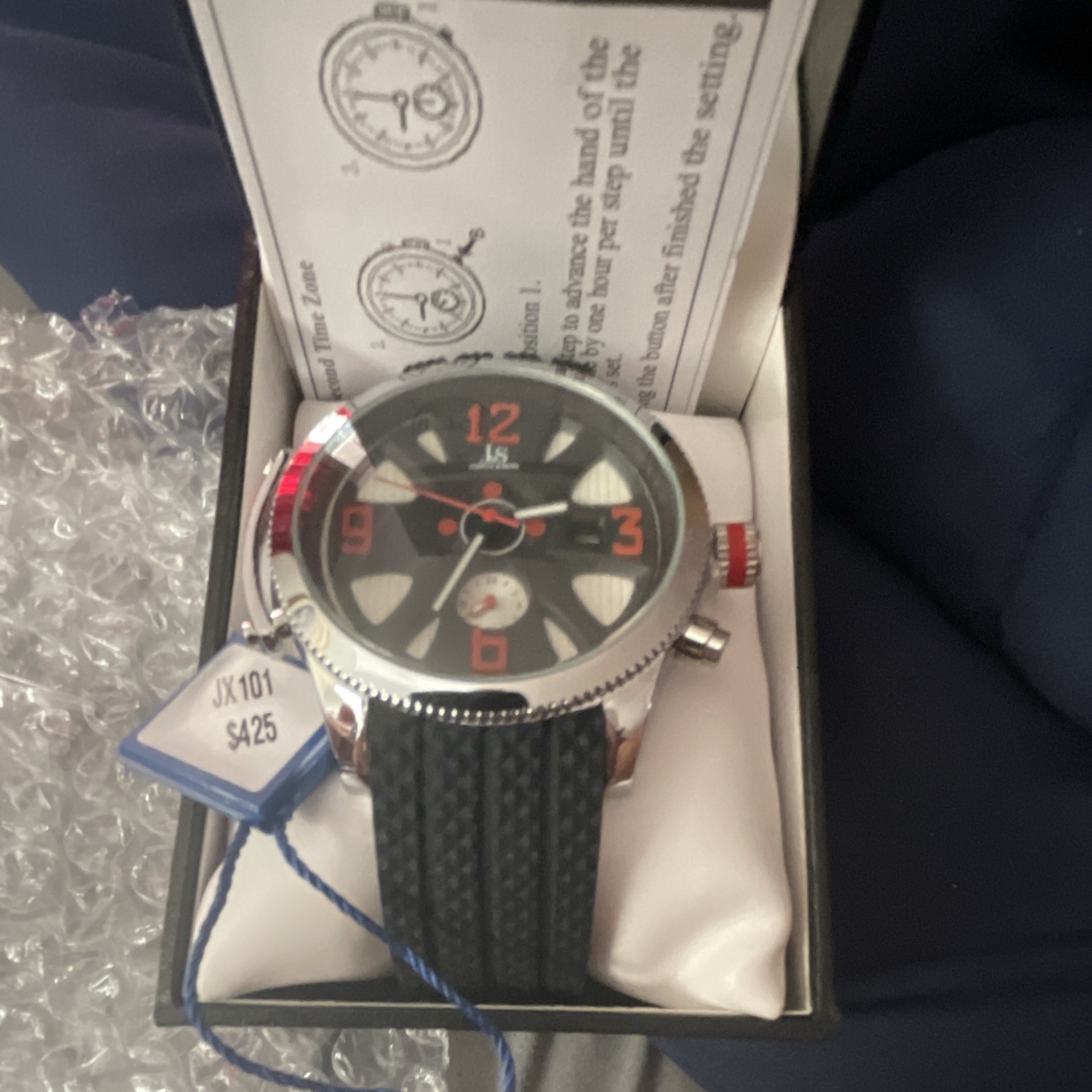 Joshua & Sons Men’s Quartz Analog Watch 50mm Black/Red Dial Rubber Strap Box