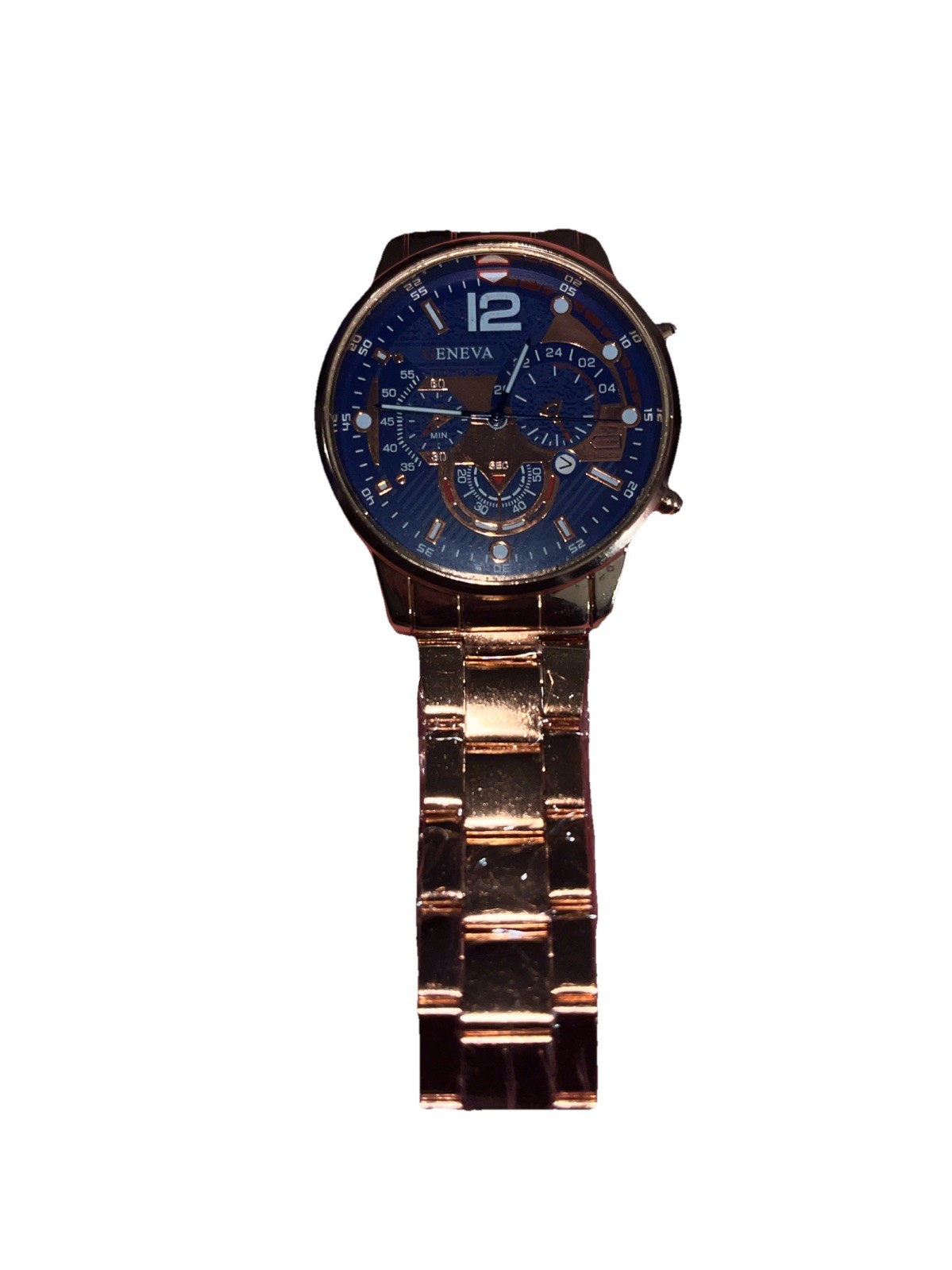 NEW Men’s Black Blue Face Rose Gold Band Geneva Quartz Watch Battery Powered