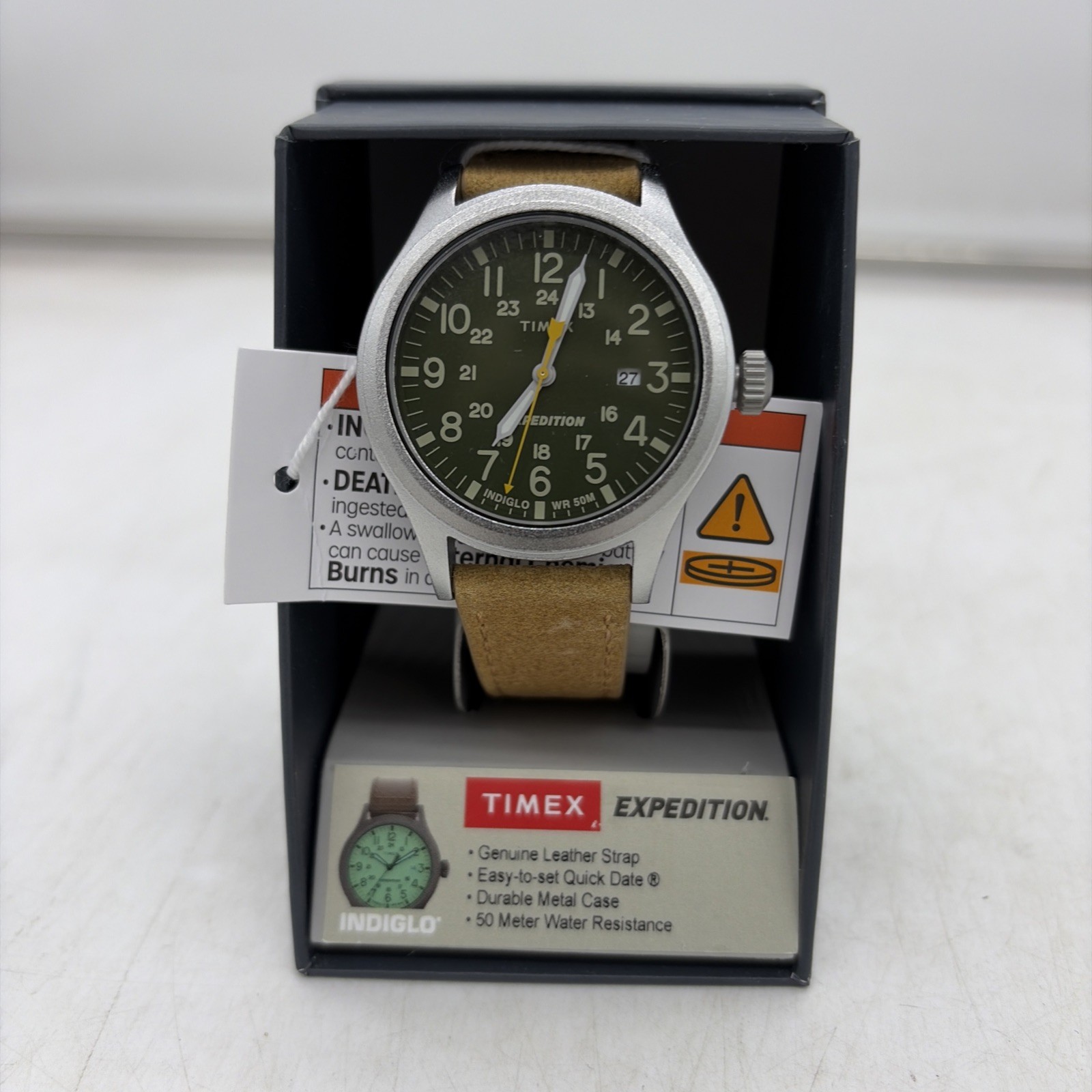 Timex TW4B23000, Men’s “Expedition” Leather Indiglo Watch, Scout, Date, NEW
