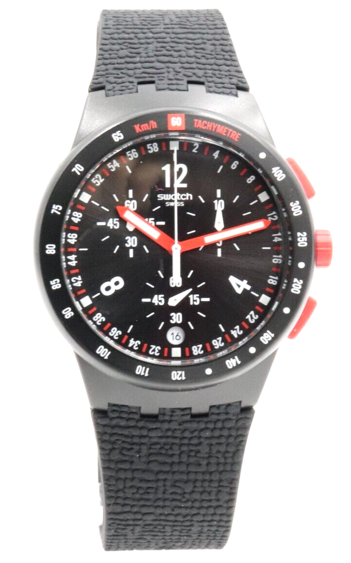 Swiss Swatch Originals STAND HALL Black Chrono Silicone Date Watch 42mm SUSB411