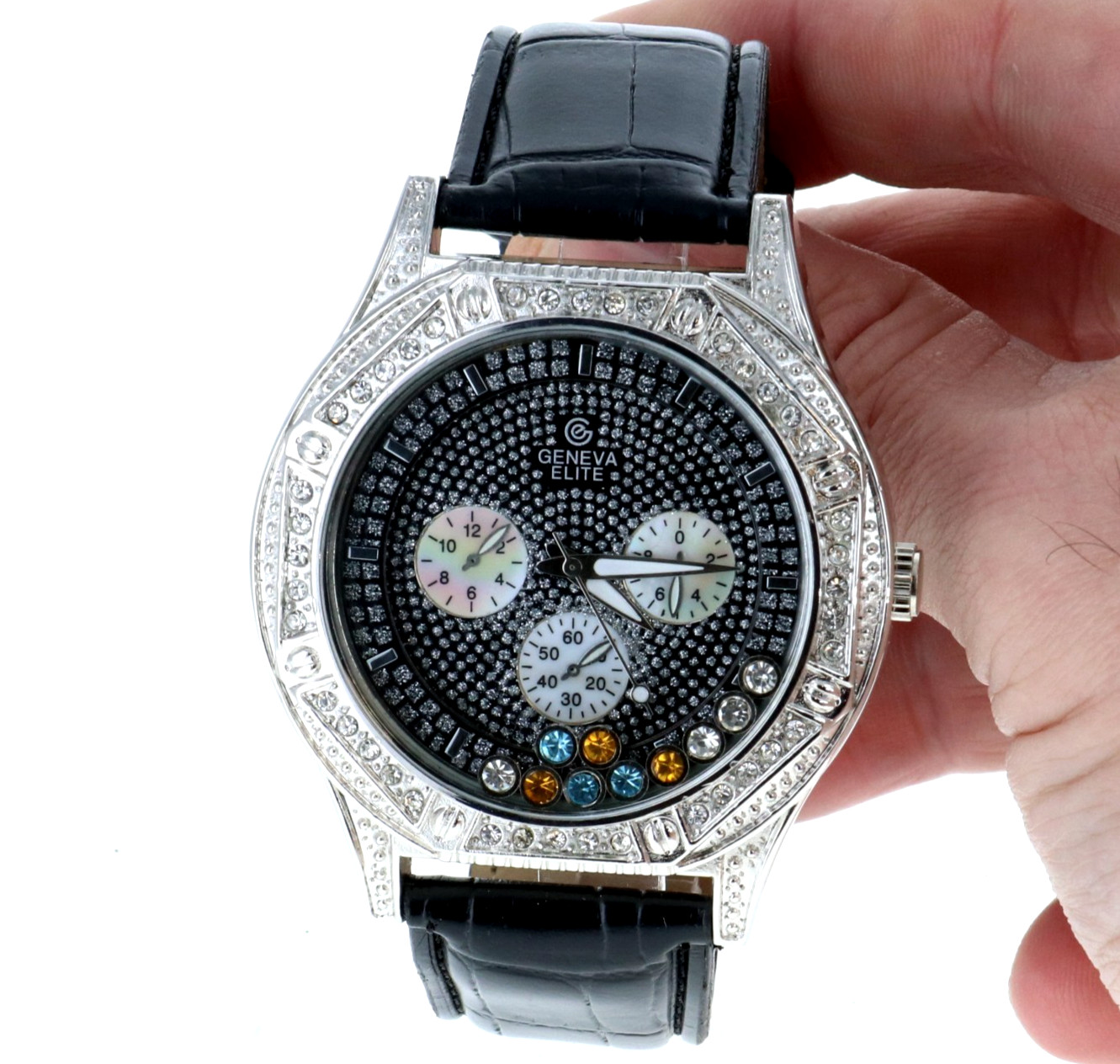 Hip Hop Men’s Floating Multi-Color Stone, Silver Tone Black Leather Band Watch