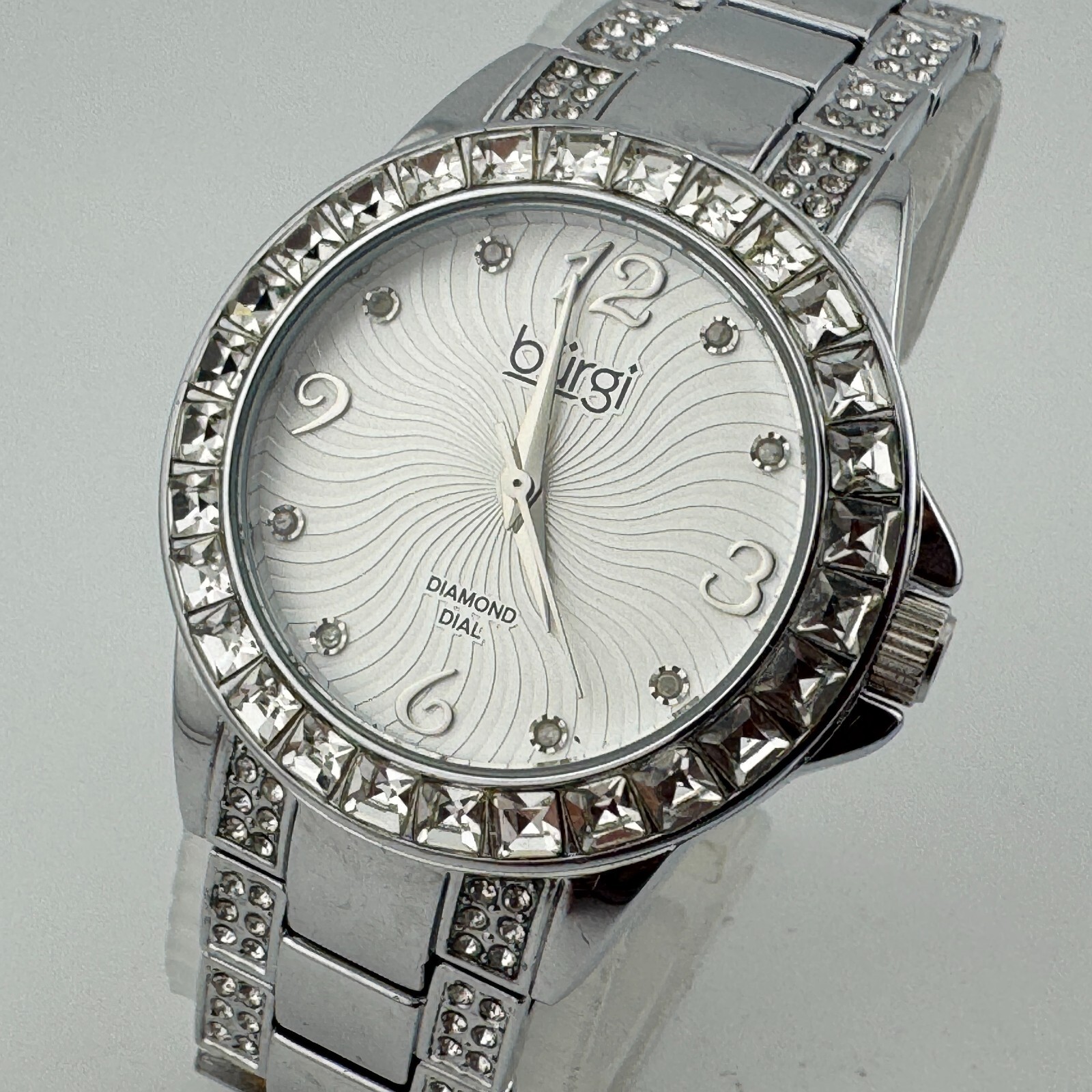 Burgi Quartz Watch Women Silver Diamond Dial Rhinestone Analog New Battery