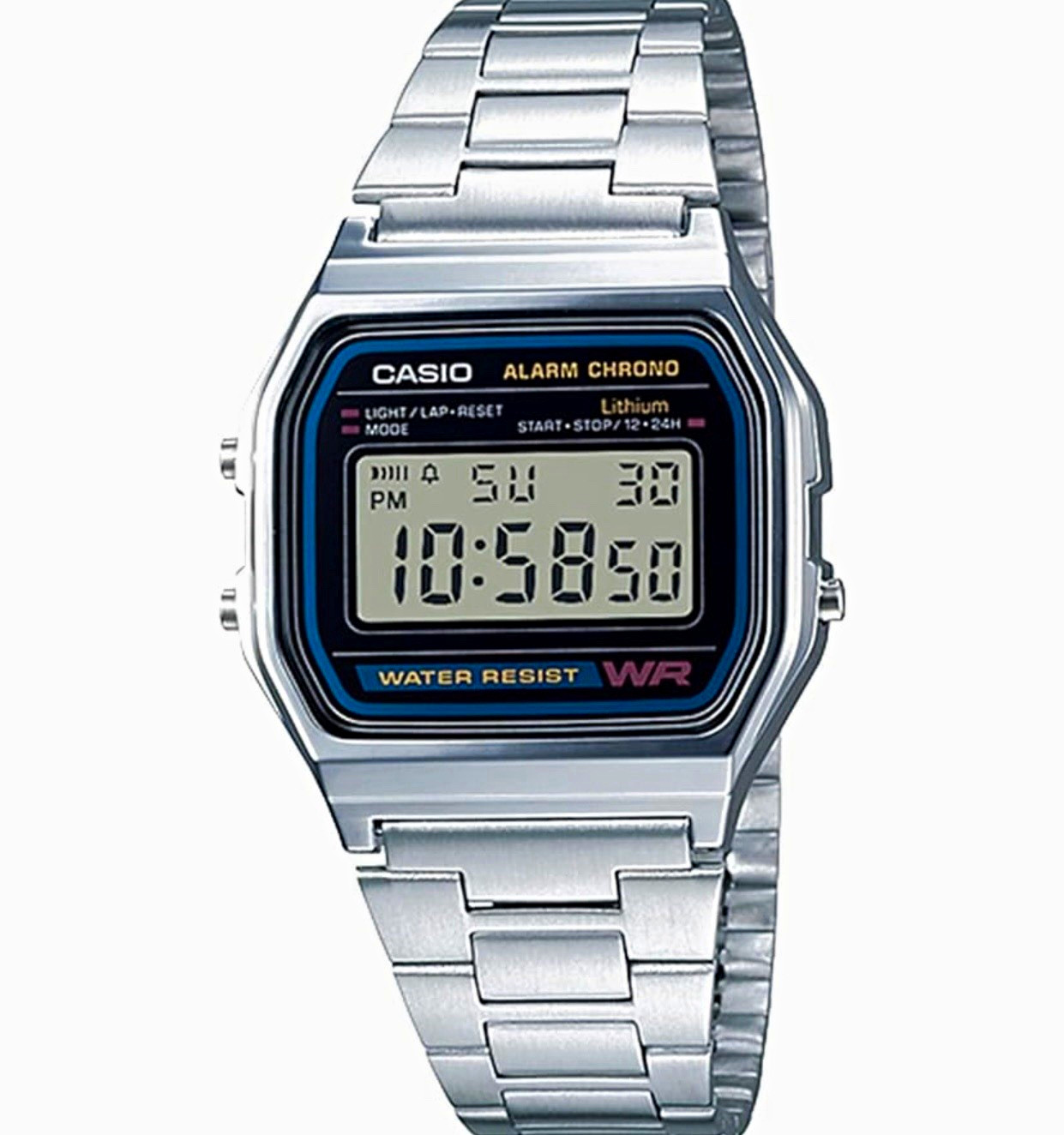 Casio A158WA Quartz Digital Watch Alarm Chronograph Date Silver Steel