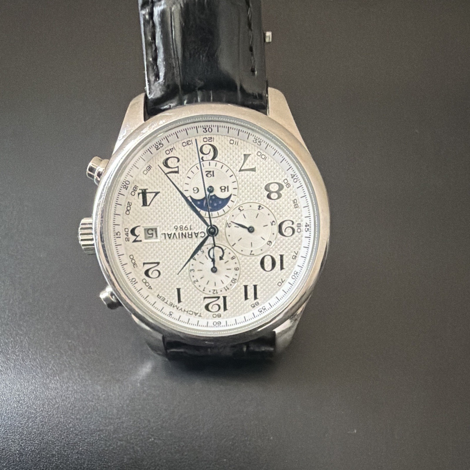 Carnival 1986 Automatic Chronograph Moon Phase Tachymeter 43mm Silver Dial