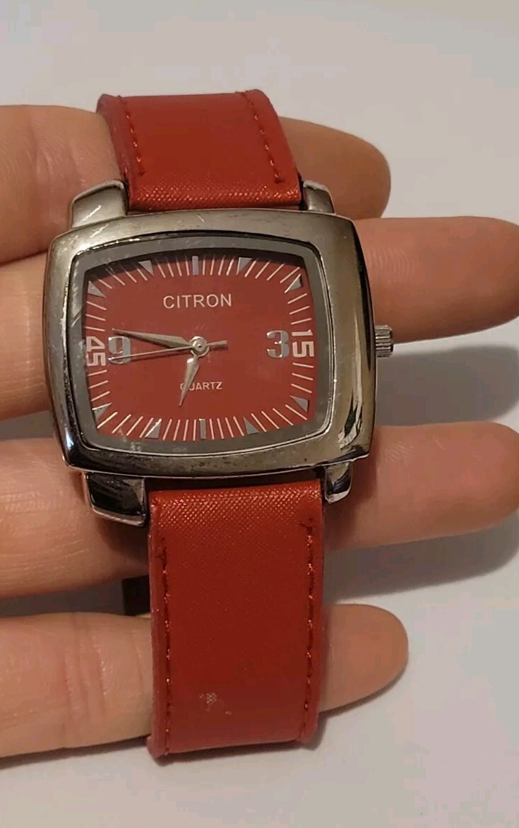 Large Red Leather Fabric Styled Citron Quartz Watch In Box